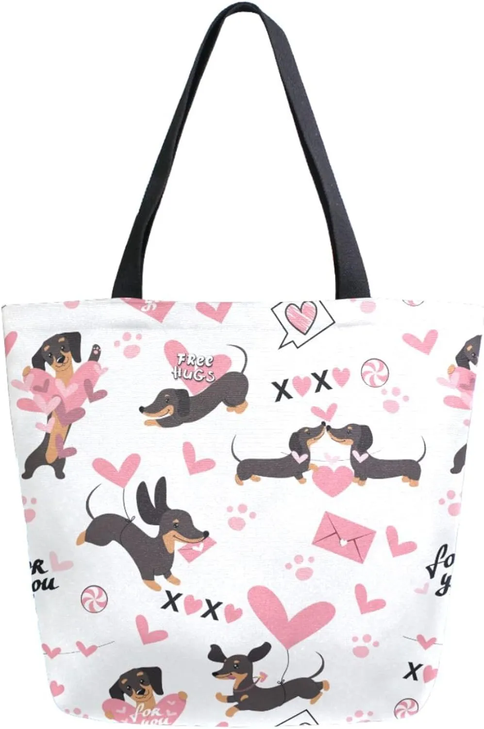Chic Extra Large Shoulder Grocery Tote Bag, Dachshund Dogs in Love Hearts Canvas Daily Handle Bag for Gym Yoga Weekender Beach Travel Picnic Kitchen Reusable Market Shopping