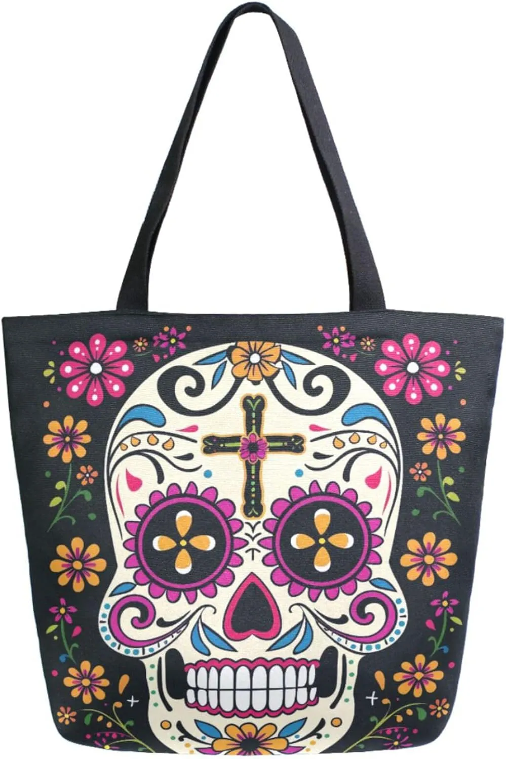 Chic Extra Large Shoulder Grocery Tote Bag, Day of Dead Sugar Skull Flowers Black Canvas Daily Handle Bag for Gym Yoga Weekender Beach Travel Picnic Kitchen Reusable Market Shopping