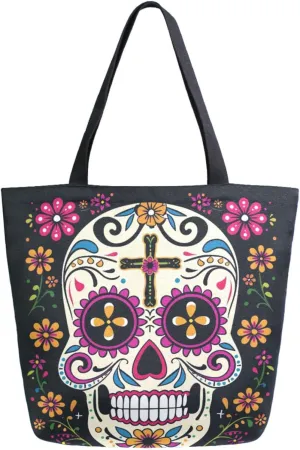 Chic Extra Large Shoulder Grocery Tote Bag, Day of Dead Sugar Skull Flowers Black Canvas Daily Handle Bag for Gym Yoga Weekender Beach Travel Picnic Kitchen Reusable Market Shopping
