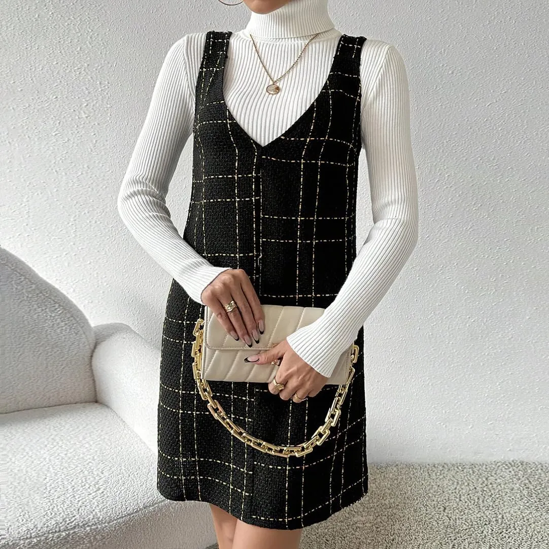 chouyatou Women Elegant A Line Tweed Pinafore Dress V Neck Sleeveless Plaid Mini Short Overall Vest Dress