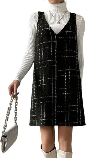 chouyatou Women Elegant A Line Tweed Pinafore Dress V Neck Sleeveless Plaid Mini Short Overall Vest Dress