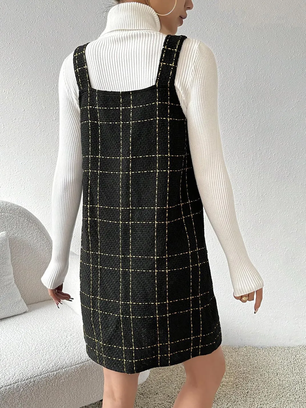 chouyatou Women Elegant A Line Tweed Pinafore Dress V Neck Sleeveless Plaid Mini Short Overall Vest Dress