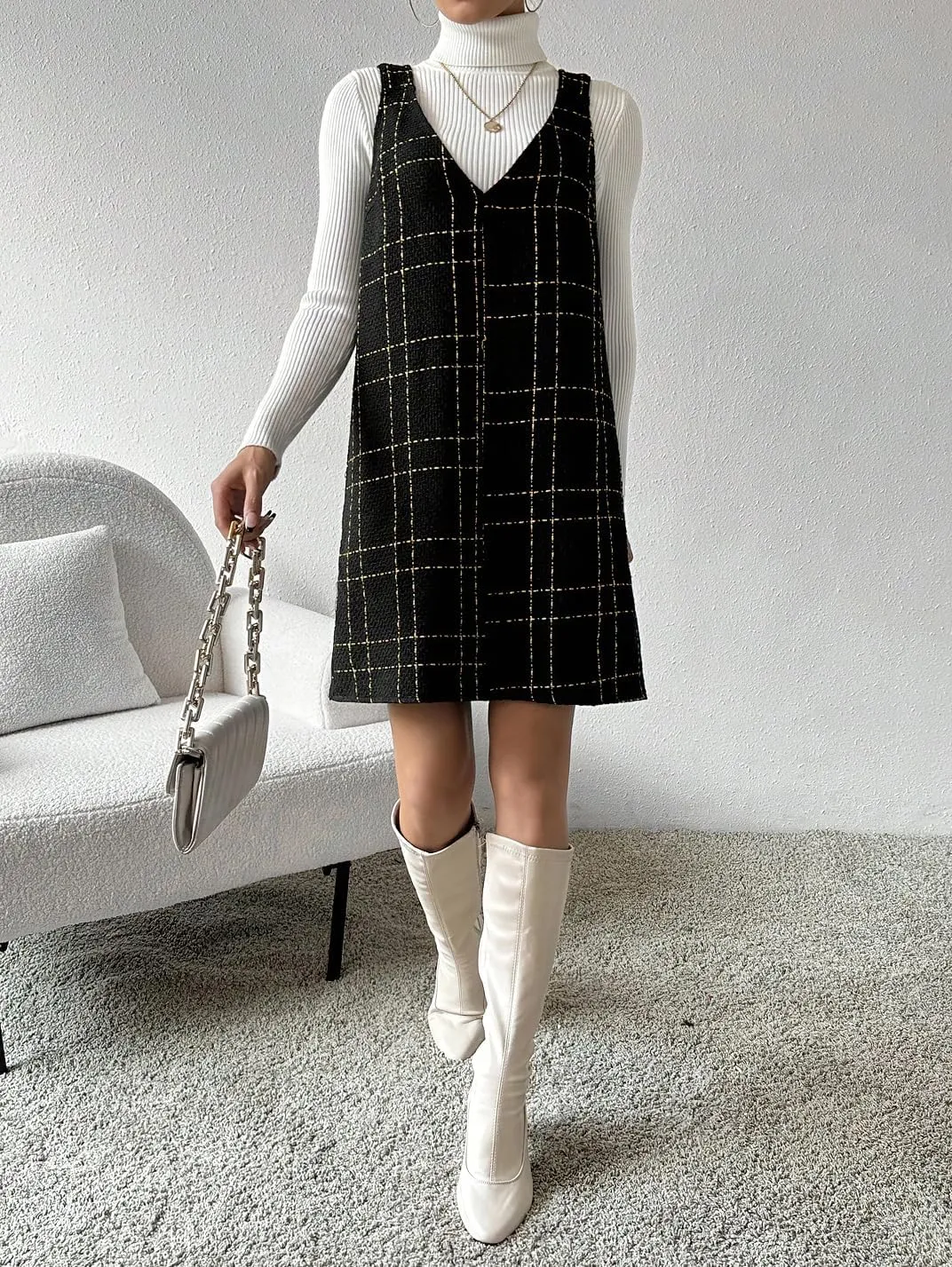 chouyatou Women Elegant A Line Tweed Pinafore Dress V Neck Sleeveless Plaid Mini Short Overall Vest Dress