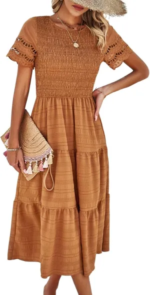 chouyatou Women's 2024 Spring Summer Solid Color Elegant Dresses Crewneck Cut Out Maxi Dress