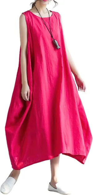 chouyatou Womens Summer Casual Sleeveless Cotton Linen Tank Dress Loose Beach Midi Sundress with Pockets