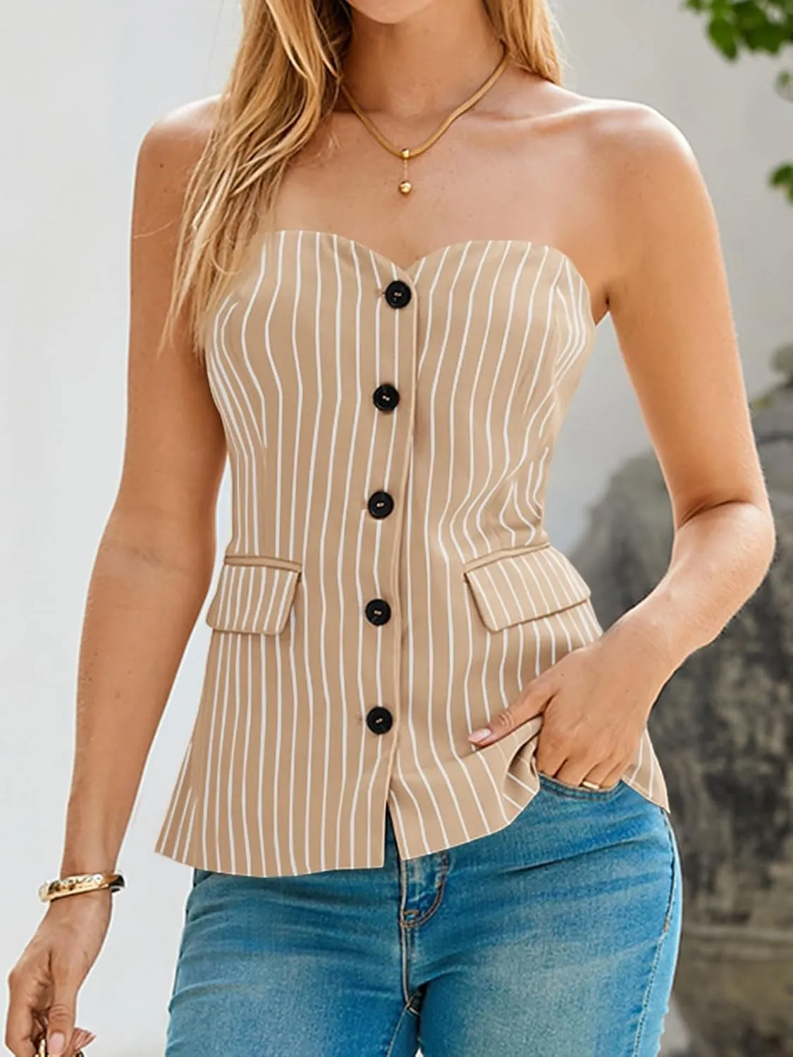 Cicy Bell Womens Strapless Blazer Vest Sleeveless Tube Tops Striped Button Up Waistcoat Vest Business Fitted Suit Vest