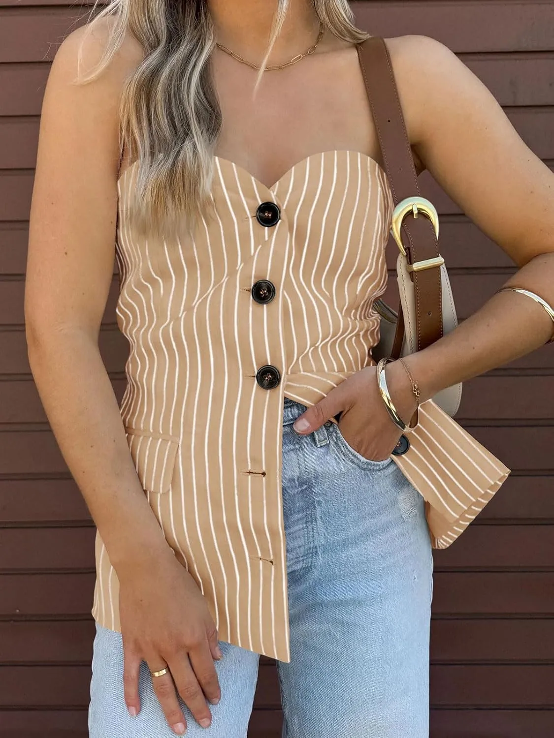 Cicy Bell Womens Strapless Blazer Vest Sleeveless Tube Tops Striped Button Up Waistcoat Vest Business Fitted Suit Vest