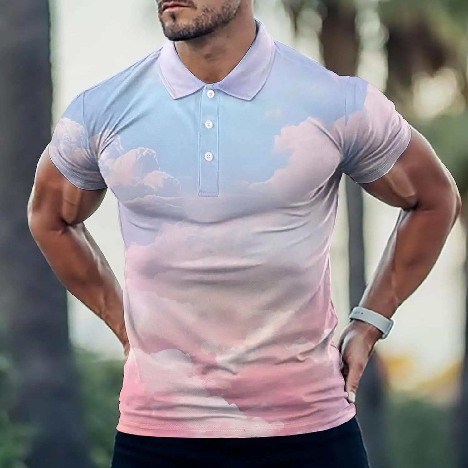 Clouds Mens Short Sleeve Polo Shirts Straight Sports Golf Tennis T-Shirt Quick Dry Long Top