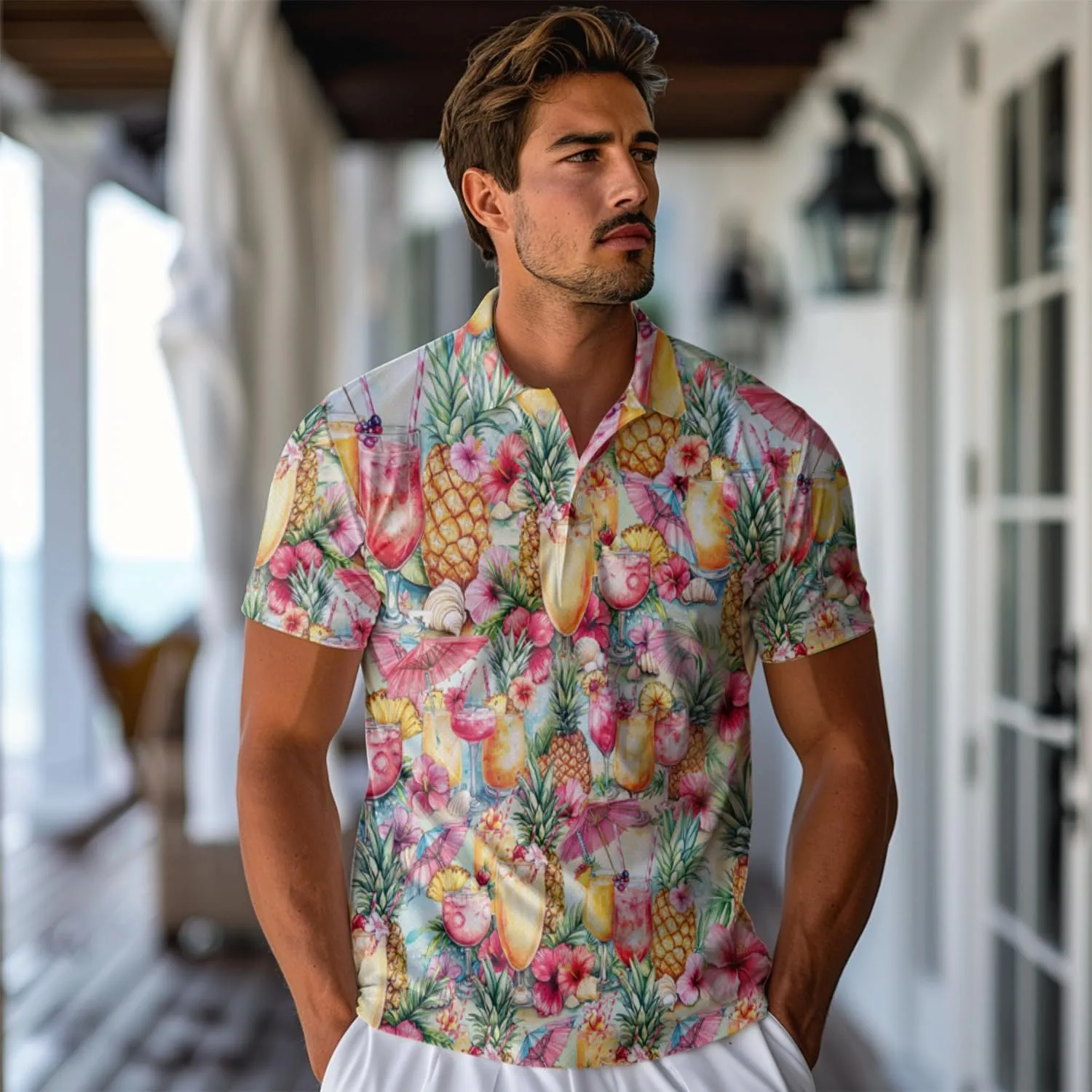 Cocktail Polo Shirts For Men - Drinking Lover Stylish Mens Goft Shirt Casual Short Sleeve Button Down Outfit Set 49