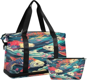 Colorful Fish Waves Sports Gym Bag with Waterproof Dry Wet Pocket, Travel Duffel Bag for Women MenWorkout Bag Fits Yoga, Swimming