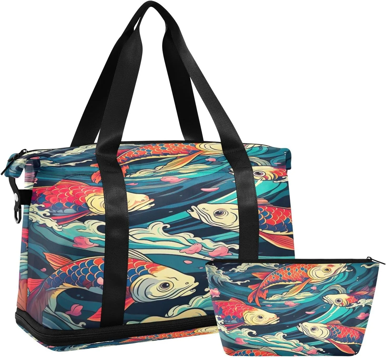 Colorful Fish Waves Sports Gym Bag with Waterproof Dry Wet Pocket, Travel Duffel Bag for Women MenWorkout Bag Fits Yoga, Swimming