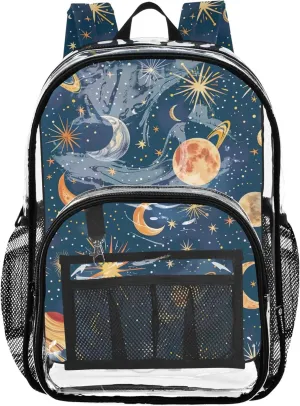 Colorful Stars Moons Planets Blue Galaxy Boys Backpack, Clear Plastic Bag, See through Bag, Transparent School Bag
