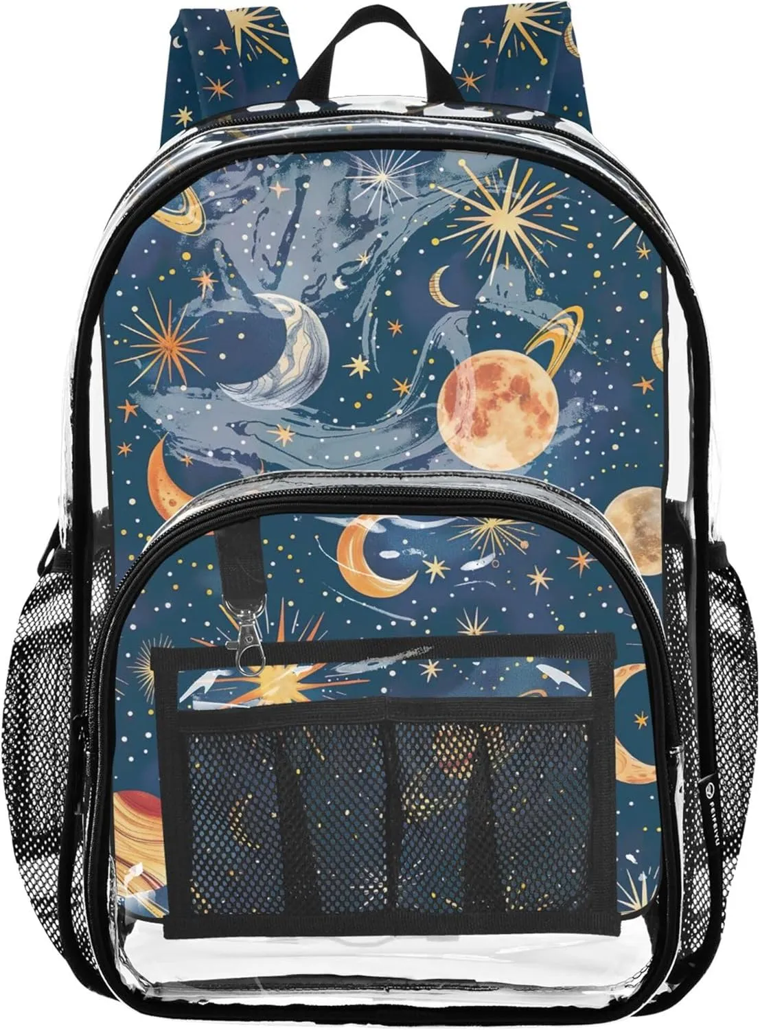 Colorful Stars Moons Planets Blue Galaxy Boys Backpack, Clear Plastic Bag, See through Bag, Transparent School Bag