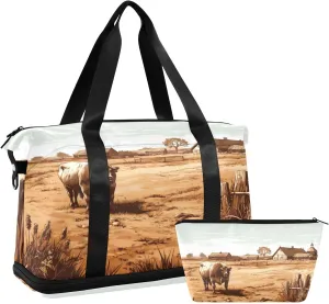 Cows in Countryside Sports Gym Bag with Waterproof Dry Wet Pocket, Travel Duffel Bag for Women MenWorkout Bag Fits Yoga, Swimming