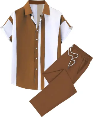 COZYEASE Men's 2 Piece Outfits Colorblock Short Sleeve Button Down Shirt and Drawstring Waist Pants Set