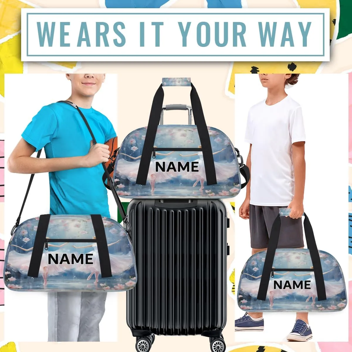 Custom Ballet Small Gym Bag 18 inch for Women Men Personalized Ballet Cute Little Ballerina Carry On Overnight Weekender Bag for Travel Work Dance Sport