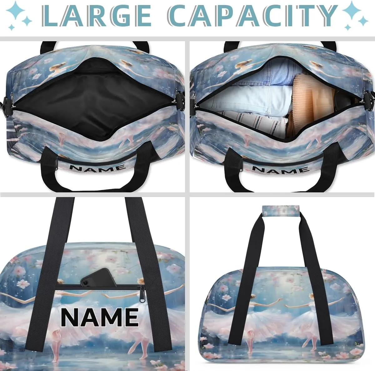 Custom Ballet Small Gym Bag 18 inch for Women Men Personalized Ballet Cute Little Ballerina Carry On Overnight Weekender Bag for Travel Work Dance Sport