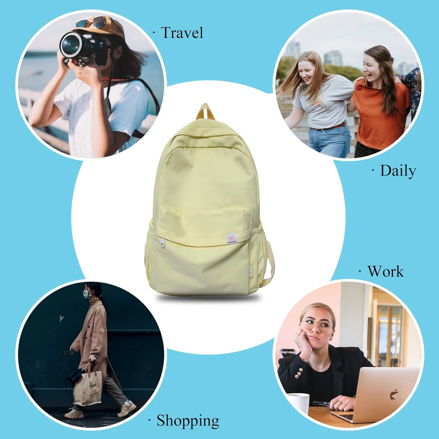 Cute Aesthetic Backpack Y2K Simple Solid Color Kawaii Backpacks Travel Laptop Backpack (Yellow)