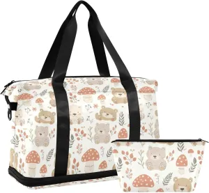 Cute Bear Mushroom Sports Gym Bag with Waterproof Dry Wet Pocket, Travel Duffel Bag for Women MenWorkout Bag Fits Yoga, Swimming