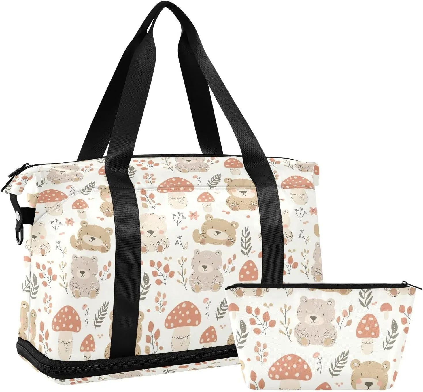 Cute Bear Mushroom Sports Gym Bag with Waterproof Dry Wet Pocket, Travel Duffel Bag for Women MenWorkout Bag Fits Yoga, Swimming