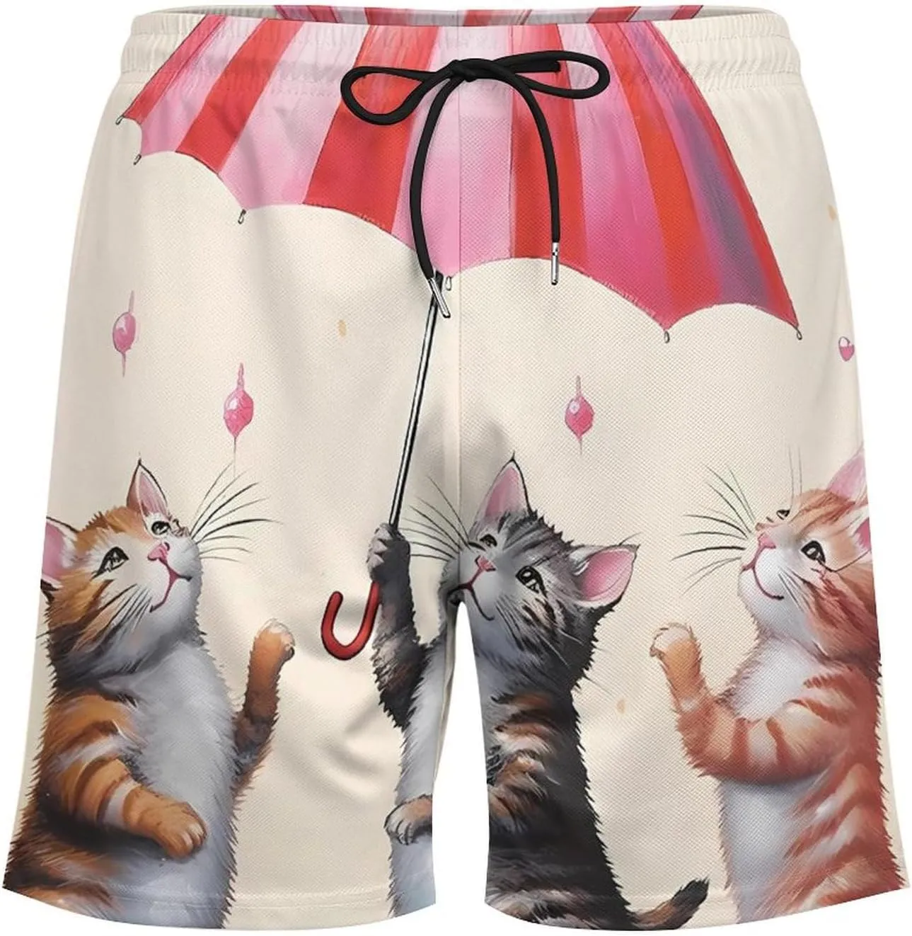 Cute Cats Dancing with Umbrella Men's Swim Trunks with Compression Liner Beach Swimming Shorts with Drawstring and Pockets