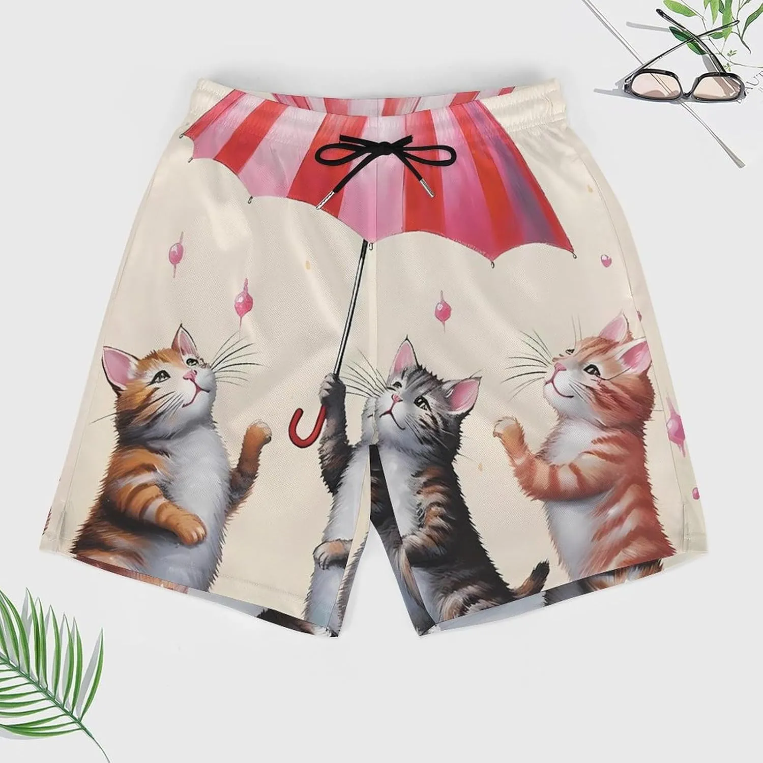 Cute Cats Dancing with Umbrella Men's Swim Trunks with Compression Liner Beach Swimming Shorts with Drawstring and Pockets