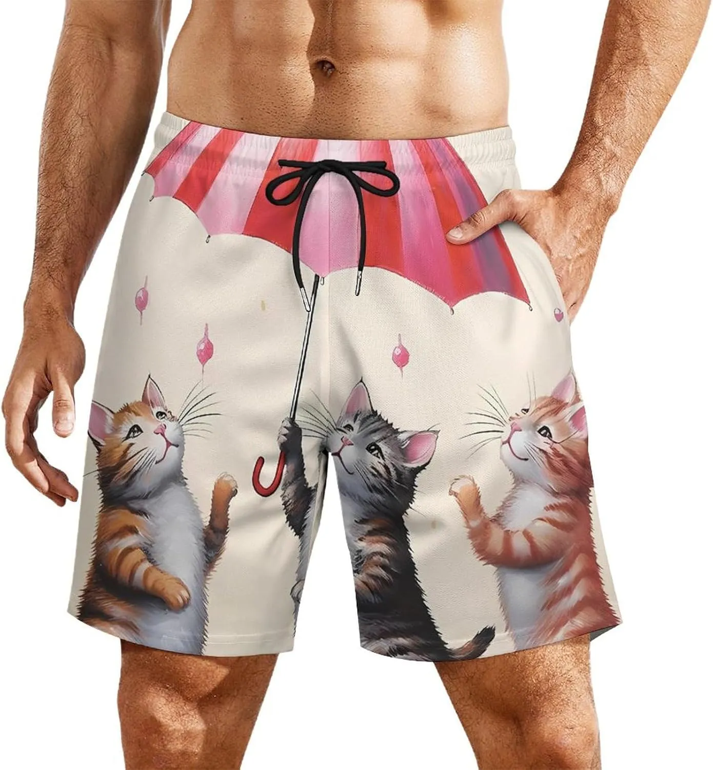 Cute Cats Dancing with Umbrella Men's Swim Trunks with Compression Liner Beach Swimming Shorts with Drawstring and Pockets