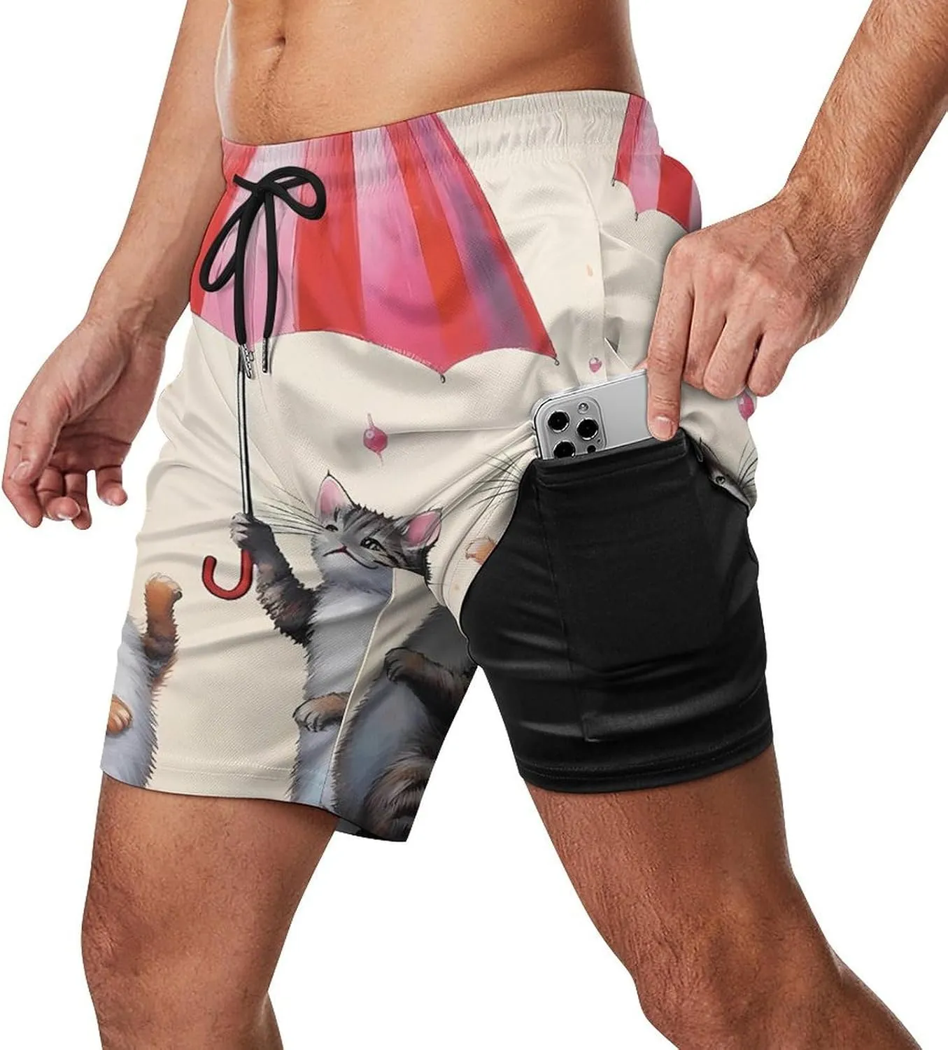 Cute Cats Dancing with Umbrella Men's Swim Trunks with Compression Liner Beach Swimming Shorts with Drawstring and Pockets