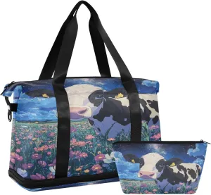 Cute Cow Sports Gym Bag with Waterproof Dry Wet Pocket, Travel Duffel Bag for Women MenWorkout Bag Fits Yoga, Swimming