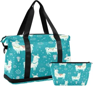 Cute Llamas Blue Sports Gym Bag with Waterproof Dry Wet Pocket, Travel Duffel Bag for Women MenWorkout Bag Fits Yoga, Swimming