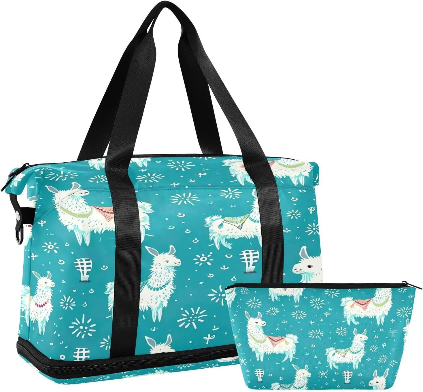 Cute Llamas Blue Sports Gym Bag with Waterproof Dry Wet Pocket, Travel Duffel Bag for Women MenWorkout Bag Fits Yoga, Swimming