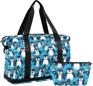 Cute Penguins Sports Gym Bag with Waterproof Dry Wet Pocket, Travel Duffel Bag for Women MenWorkout Bag Fits Yoga, Swimming