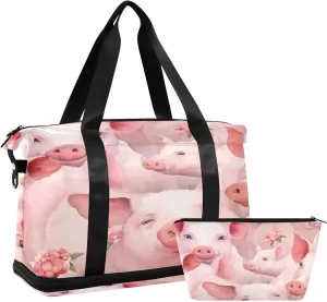 Cute Pig Sports Gym Bag with Waterproof Dry Wet Pocket, Travel Duffel Bag for Women MenWorkout Bag Fits Yoga, Swimming