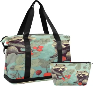 Cute Raccoons1 Sports Gym Bag with Waterproof Dry Wet Pocket, Travel Duffel Bag for Women MenWorkout Bag Fits Yoga, Swimming