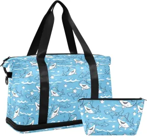 Cute Shark Sports Gym Bag with Waterproof Dry Wet Pocket, Travel Duffel Bag for Women MenWorkout Bag Fits Yoga, Swimming