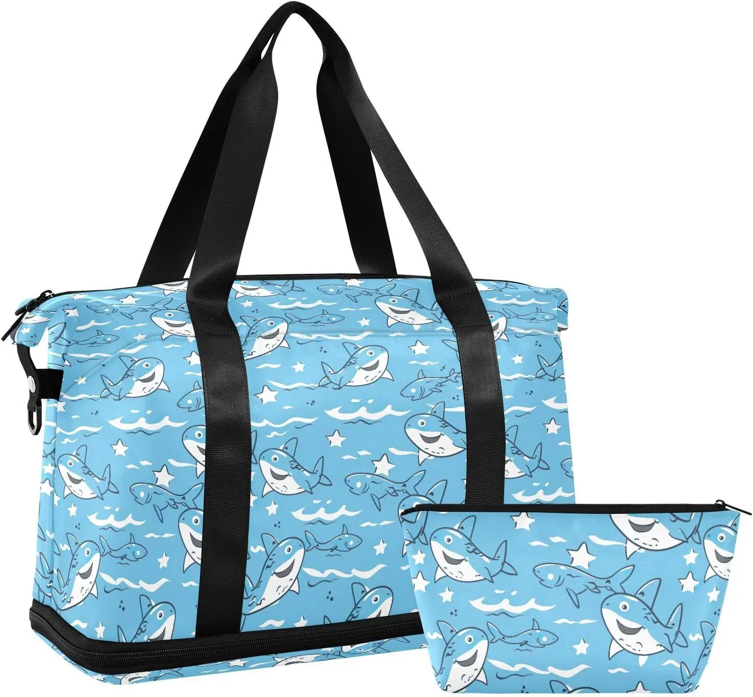 Cute Shark Sports Gym Bag with Waterproof Dry Wet Pocket, Travel Duffel Bag for Women MenWorkout Bag Fits Yoga, Swimming