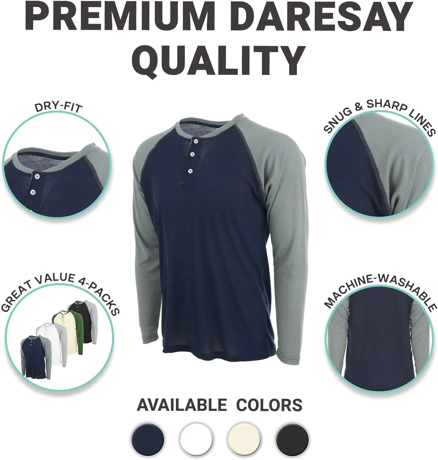 DARESAY 3 Pack: Thermal Long Sleeve Tee Shirt for Men- Henley & Crew Long Sleeve Shirts for Men  Mens Long Sleeve T Shirts