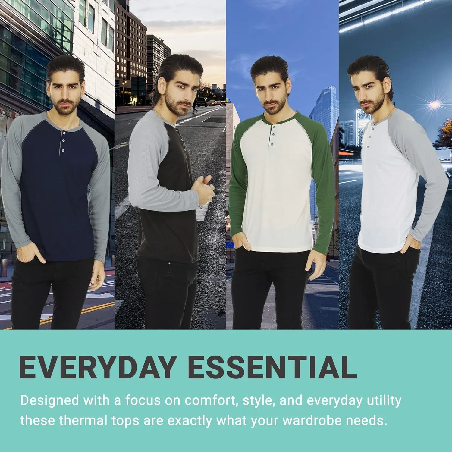 DARESAY 3 Pack: Thermal Long Sleeve Tee Shirt for Men- Henley & Crew Long Sleeve Shirts for Men  Mens Long Sleeve T Shirts