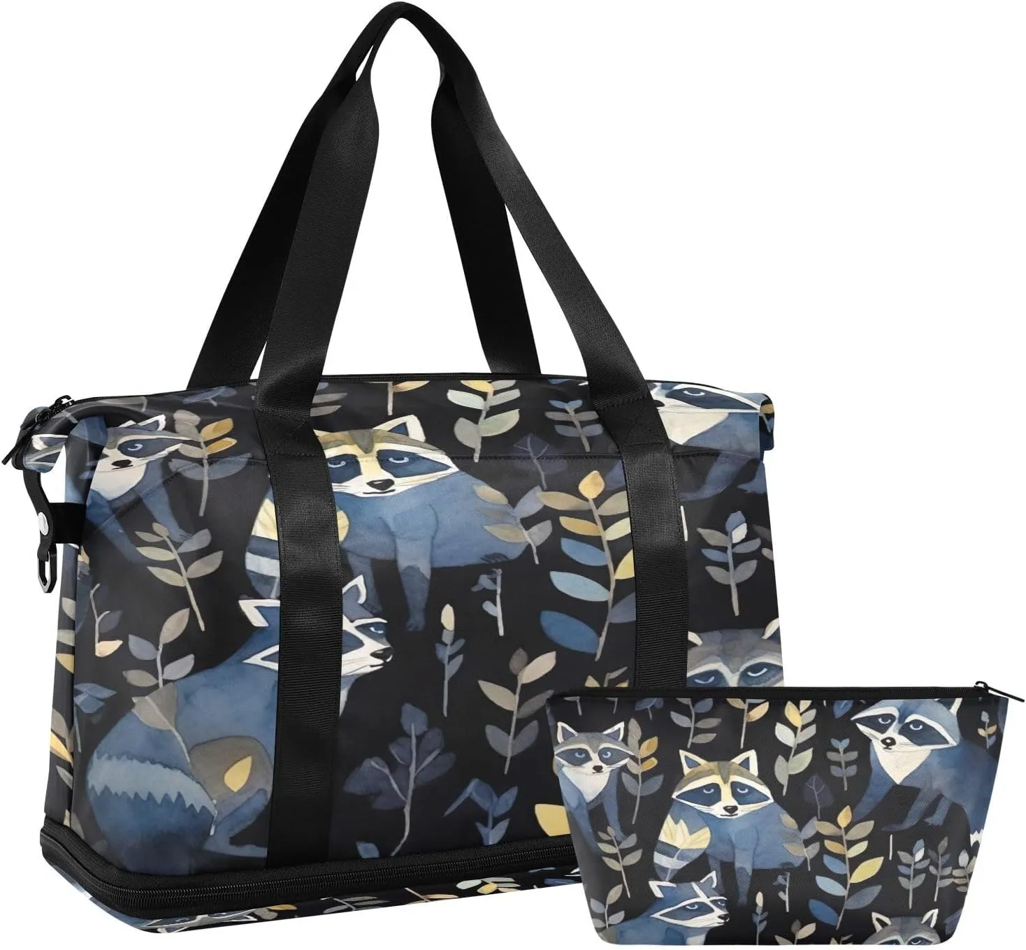 Dark Black Raccoons Sports Gym Bag with Waterproof Dry Wet Pocket, Travel Duffel Bag for Women MenWorkout Bag Fits Yoga, Swimming