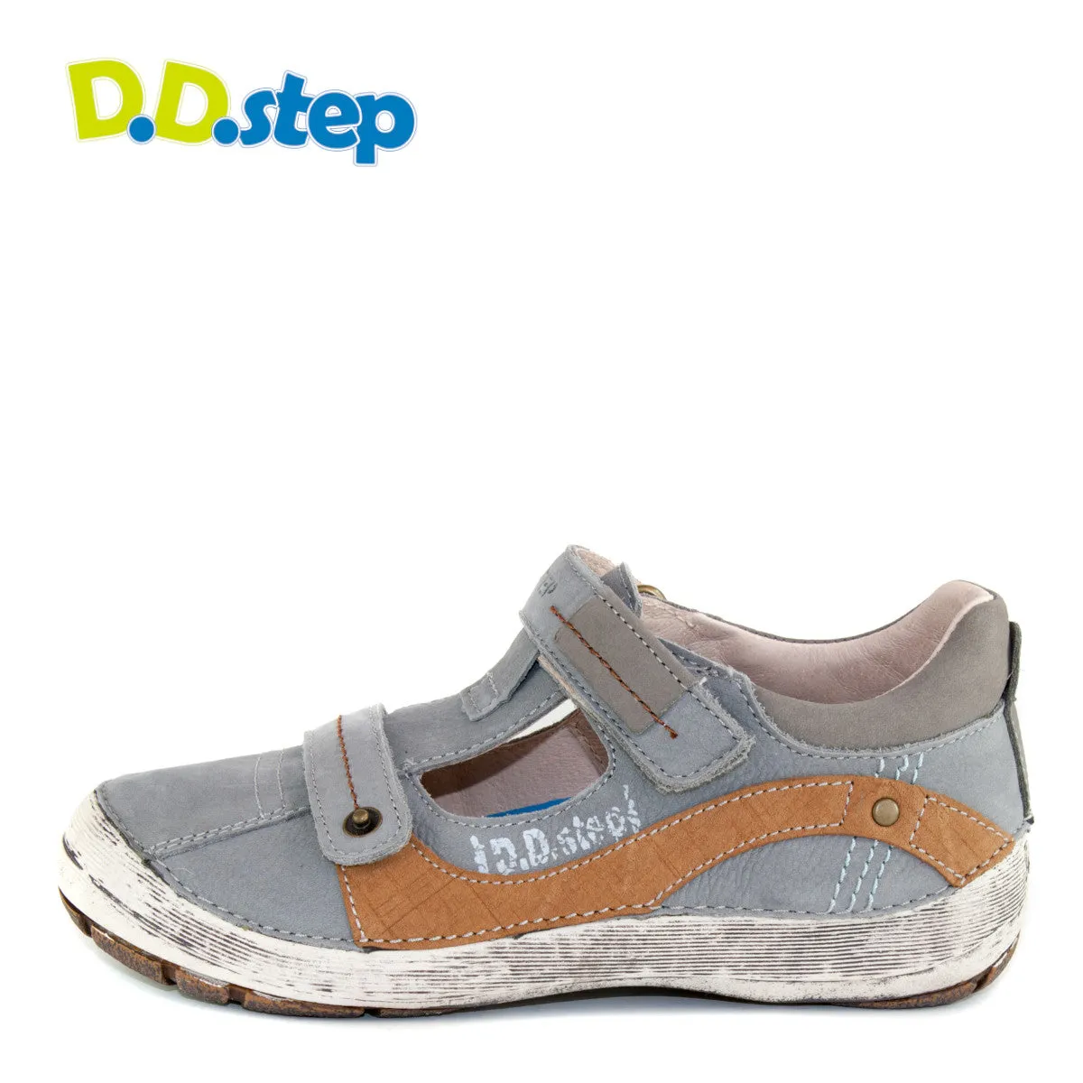 D.D. Step big kid double strap boy sandals/open shoes grey with brown wave size US 13-4