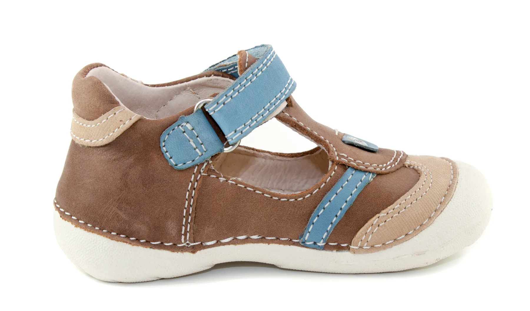 D.D. Step toddler single strap boy sandals/open shoes brown with blue details size US 4-8