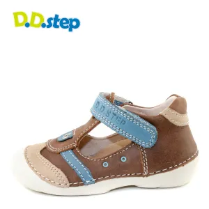 D.D. Step toddler single strap boy sandals/open shoes brown with blue details size US 4-8