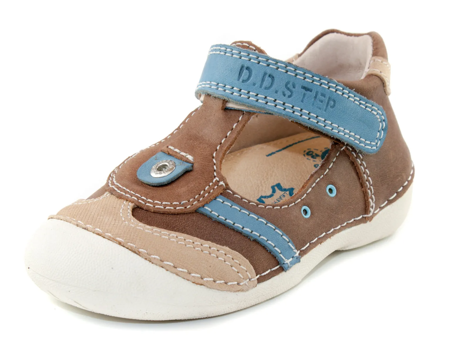 D.D. Step toddler single strap boy sandals/open shoes brown with blue details size US 4-8