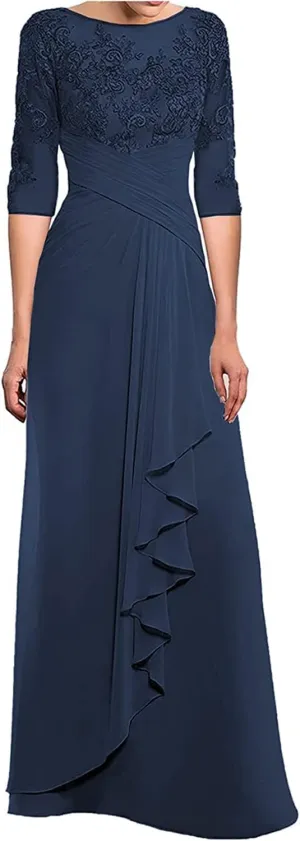 DEOTTEI Chiffon Ruched Mother of The Bride Dress for Wedding Party Navy Blue Lace Applques Long Evening Gowns with Sleeves Size 16
