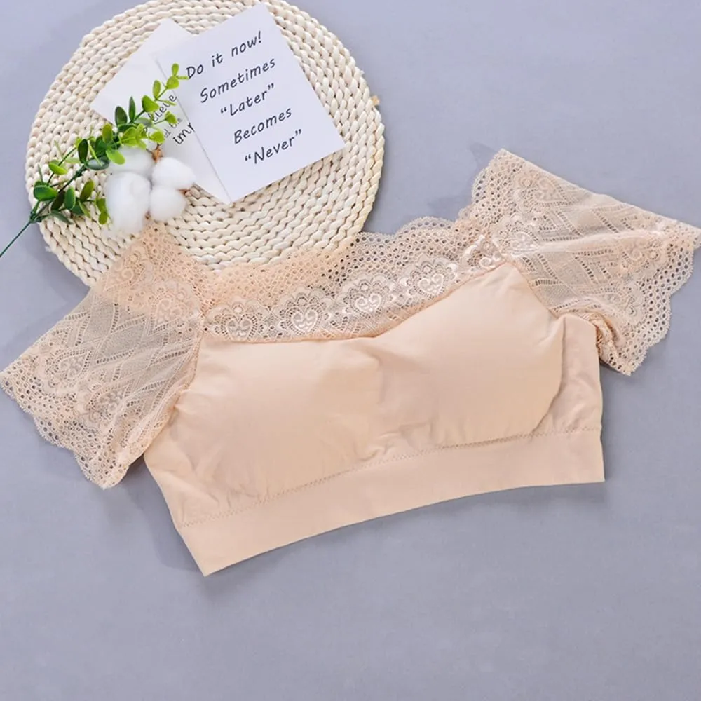 DRESHOW Lace Bralette Tank Tops Wireless Bra Lace Crop Top Padded Stretch Spaghetti Thin Strap Yoga Sports Bra for Women