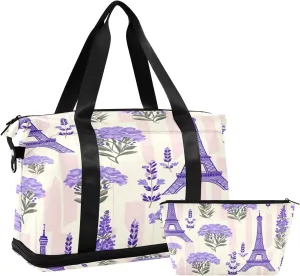Eiffel and Lavender Sports Gym Bag with Waterproof Dry Wet Pocket, Travel Duffel Bag for Women MenWorkout Bag Fits Yoga, Swimming