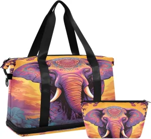 Ethnic Elephant Sports Gym Bag with Waterproof Dry Wet Pocket, Travel Duffel Bag for Women MenWorkout Bag Fits Yoga, Swimming
