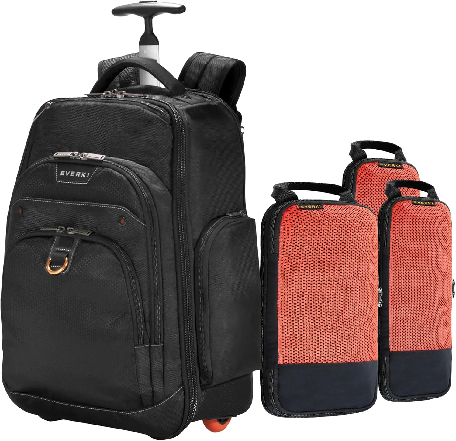 Everki Atlas Wheeled Laptop Backpack & Compressible Packing Cubes Set  3-Piece Travel Bundle for Business Professionals, Adjustable Compartment & Carry-On Luggage (Black/Orange)
