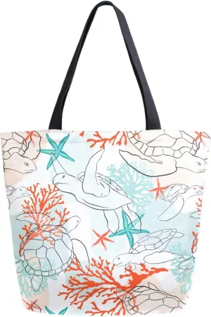 Extra Large Canvas Shoulder Tote Bag, Decorative Ocean Turtles Starfish Durable Daily Womens Handle Bag for Gym Yoga Weekender Picnic Beach Travel Kitchen Reusable Market Grocery Shopping