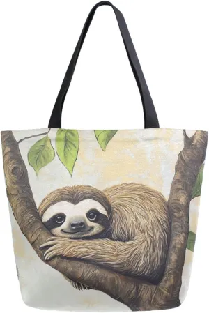 Extra Large Canvas Shoulder Tote Bag, Tree Branch Lovely Sloth Durable Daily Womens Handle Bag for Gym Yoga Weekender Picnic Beach Travel Kitchen Reusable Market Grocery Shopping